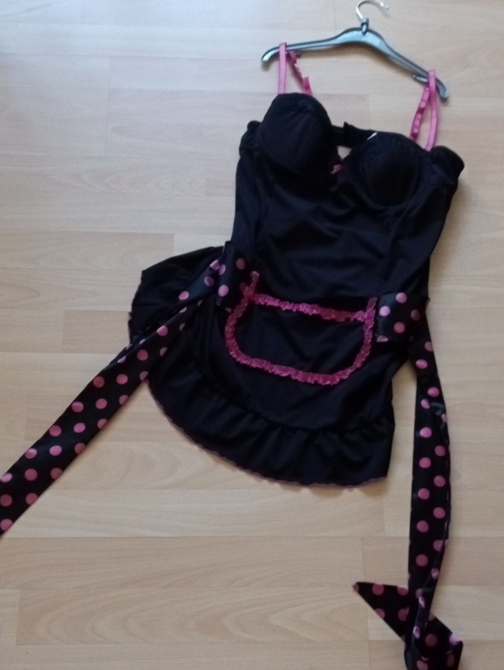 Black and Pink Polka Dot Lingerie Babydoll with Apron Detail